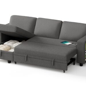 YESHOMY Convertible Sofa Bed with Pull-Out Sleeper, Living Room Couch with Built-in Storage Space, Gray