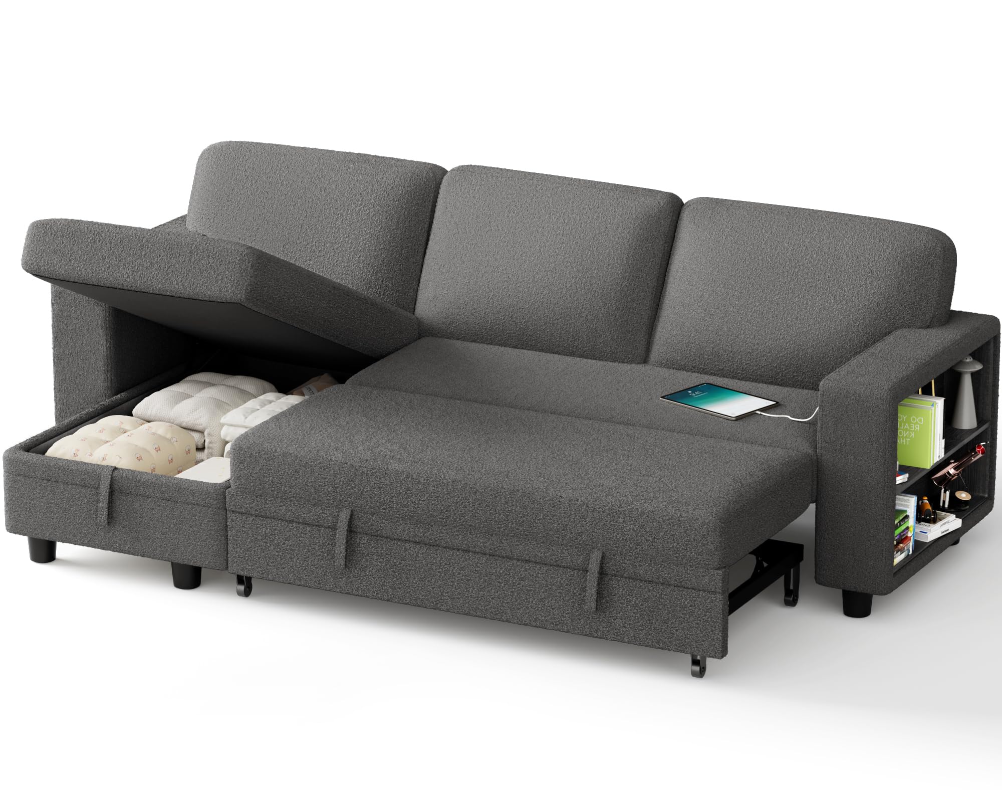 YESHOMY Convertible Sofa Bed with Pull-Out Sleeper, Living Room Couch with Built-in Storage Space, Gray