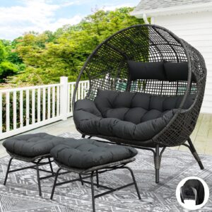 nicesoul indoor outdoor double egg chair with footstools & cushions, oversized wicker lounge chair extra large chair with footrests stationary 2 person loveseat for patio backyard garden sunroom deck