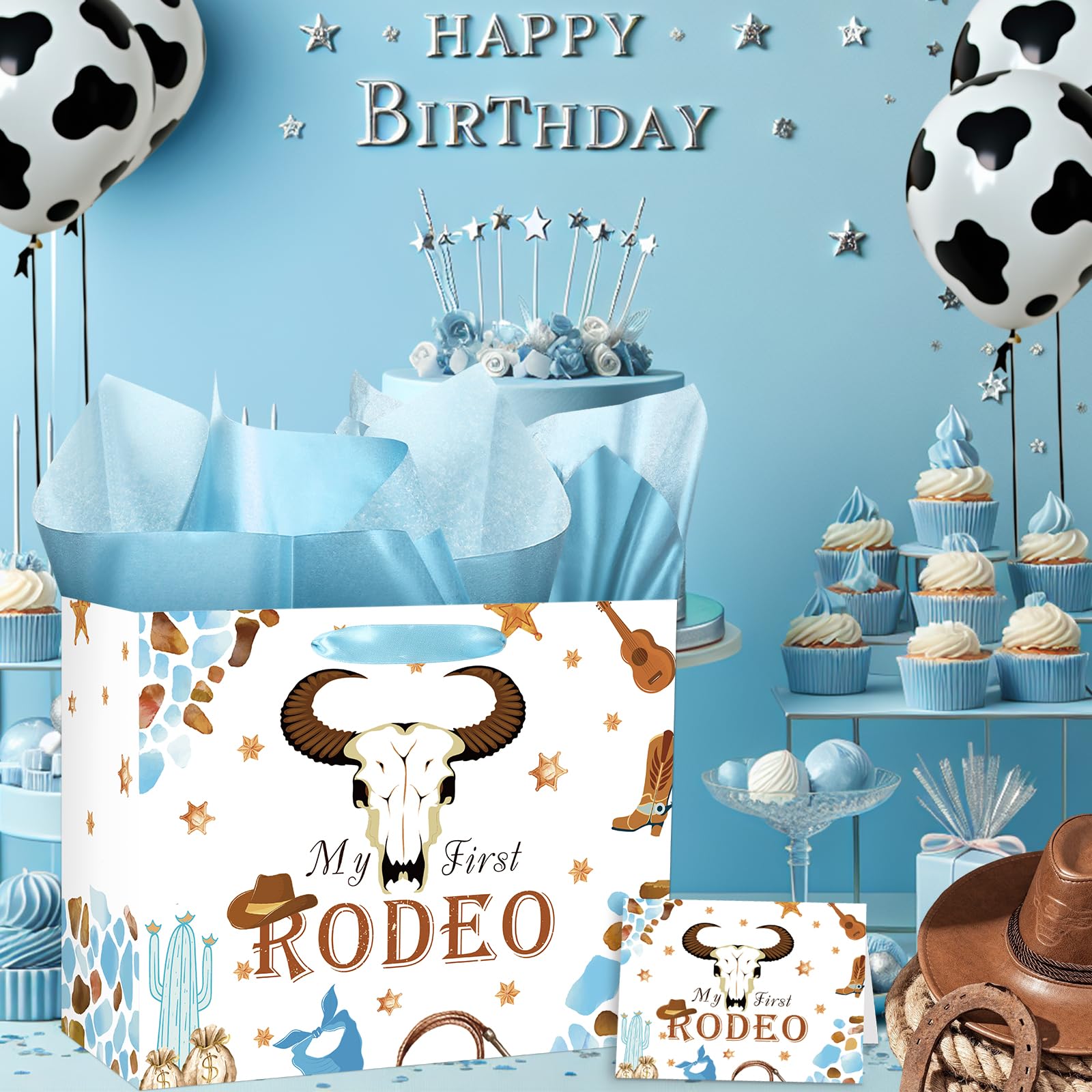 My First Rodeo Birthday Gift Bag Western Cowboy 1st Birthday Gift Bag with Tissue Paper Greeting Card My First Rodeo Birthday Decor Boy Wild West 1st Wrapping Paper Bags for Baby Boy Bday Party Supply