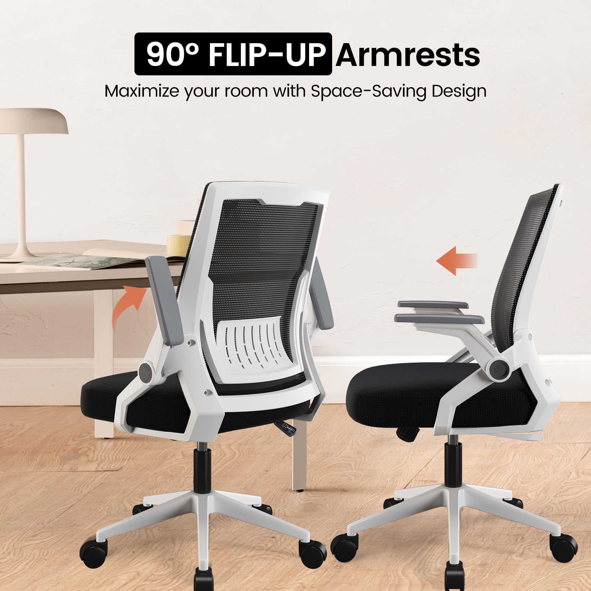 GTPOFFICE Ergonomic Office Chair, Computer Desk Chair Comfy with Adjustable Lumbar Support, Mid-Back Mesh Office Chair with Flip-up Armrest, Tilt Function Task Chair for Home, Bedroom, Gaming, White