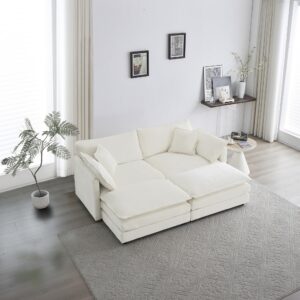 capcaek deep seat sectional sofa cloud couch with 2 ottomans, modern upholstered chenille fabric deep seat sofa couch 4 seater modular sectional sofa sleeper for living room apartment, white