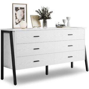 likimio 59" 6 drawer dresser for bedroom, wood dressers & chests of drawers with metal frame, large storage cabinet, closet, hallway, white dresser