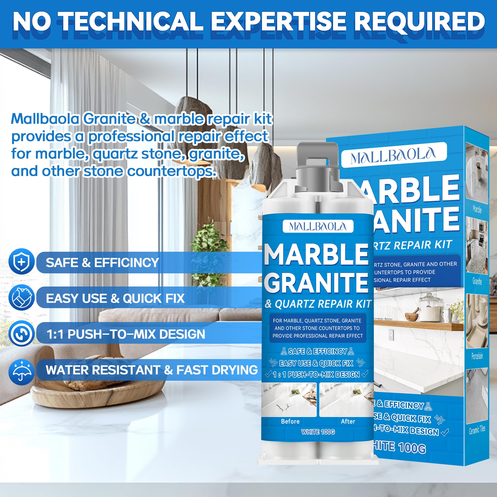 Quartz Countertop Chip Repair Kit, White Granite Repair Kit, Marble Repair Kit, Porcelain Repair Kit for Granite, Marble, Quartz Stone, Porcelain and Other Stone Surface Crack Quartz Chip Repair Kit