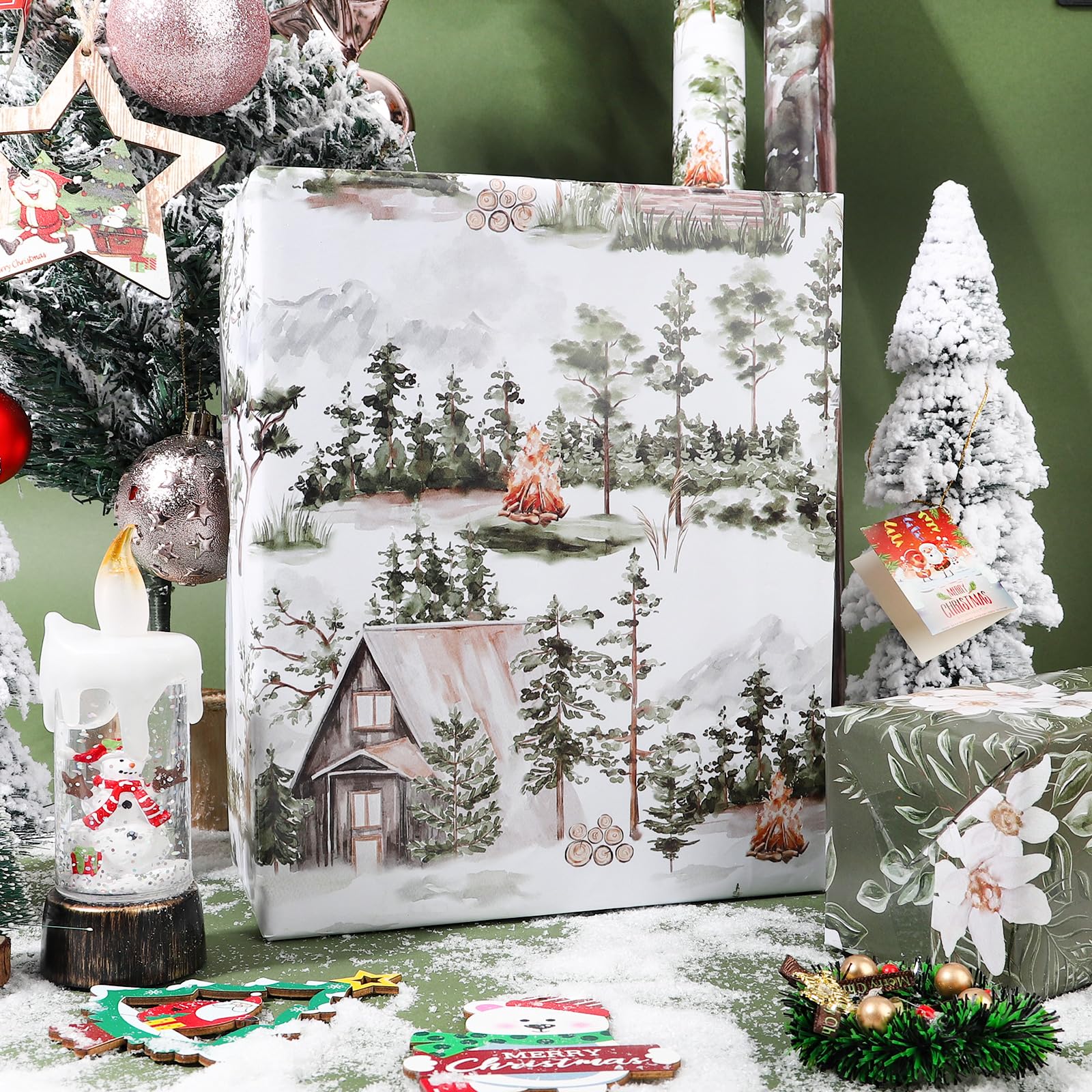 Vnaaem Forest Wrapping Paper 4 Watercolor Holiday Style Gift Wrap Paper Bulk Christmas Tree for Christmas Winter Wedding Baby Shower - 20 X 28 Inches 8 Folded Sheet