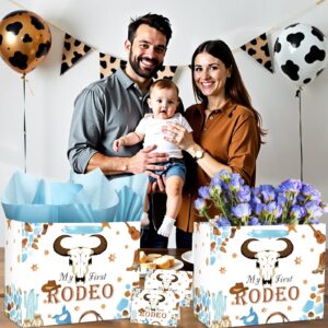 My First Rodeo Birthday Gift Bag Western Cowboy 1st Birthday Gift Bag with Tissue Paper Greeting Card My First Rodeo Birthday Decor Boy Wild West 1st Wrapping Paper Bags for Baby Boy Bday Party Supply