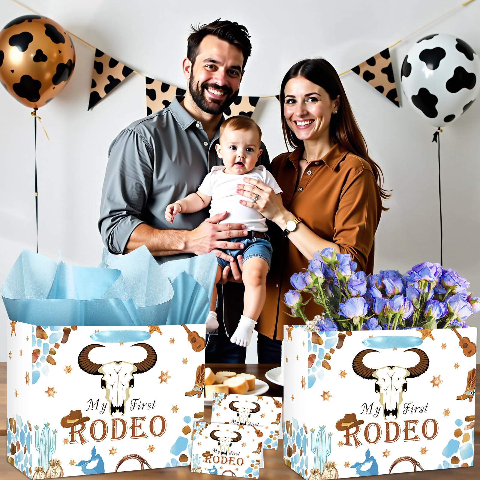 My First Rodeo Birthday Gift Bag Western Cowboy 1st Birthday Gift Bag with Tissue Paper Greeting Card My First Rodeo Birthday Decor Boy Wild West 1st Wrapping Paper Bags for Baby Boy Bday Party Supply