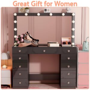 Vanity Desk with Power Outlet, Makeup Vanity with Mirror and 14 LED Lights, 3 Lighting Mode,11 Drawers Vanity Table with 2 Sliding Jewelry Storage, Glass Top, Specular Surface (Black)