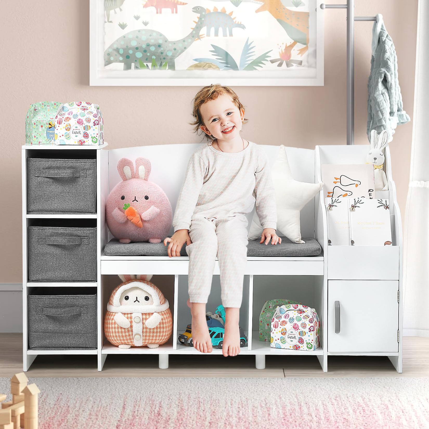 Kids Bookshelf with Reading Nook, Toddler Bookcase with Seat Cushion and Adjustable Shelf, Storage Bench with Book Rack for Bedroom, Playroom, Nursery, White