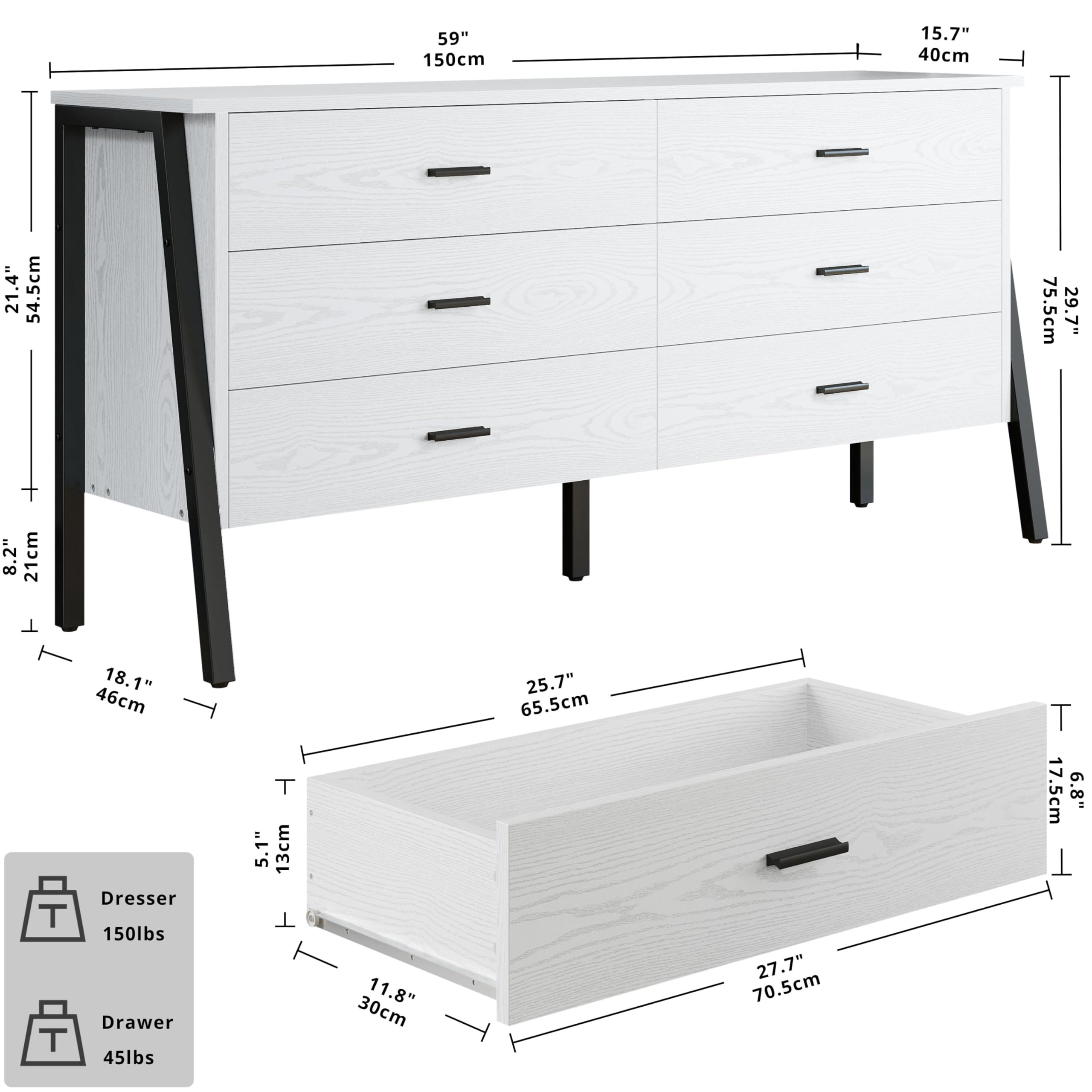 LIKIMIO 59" 6 Drawer Dresser for Bedroom, Wood Dressers & Chests of Drawers with Metal Frame, Large Storage Cabinet, Closet, Hallway, White Dresser