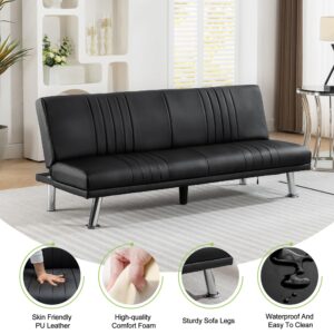 VECELO Modern Couch Bed, Convertible Sofa Bed/Folding Sleeper Couches Faux Leather Futon for Living Room, Futon Sofa Bed, Black