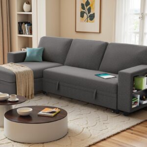 YESHOMY Convertible Sofa Bed with Pull-Out Sleeper, Living Room Couch with Built-in Storage Space, Gray