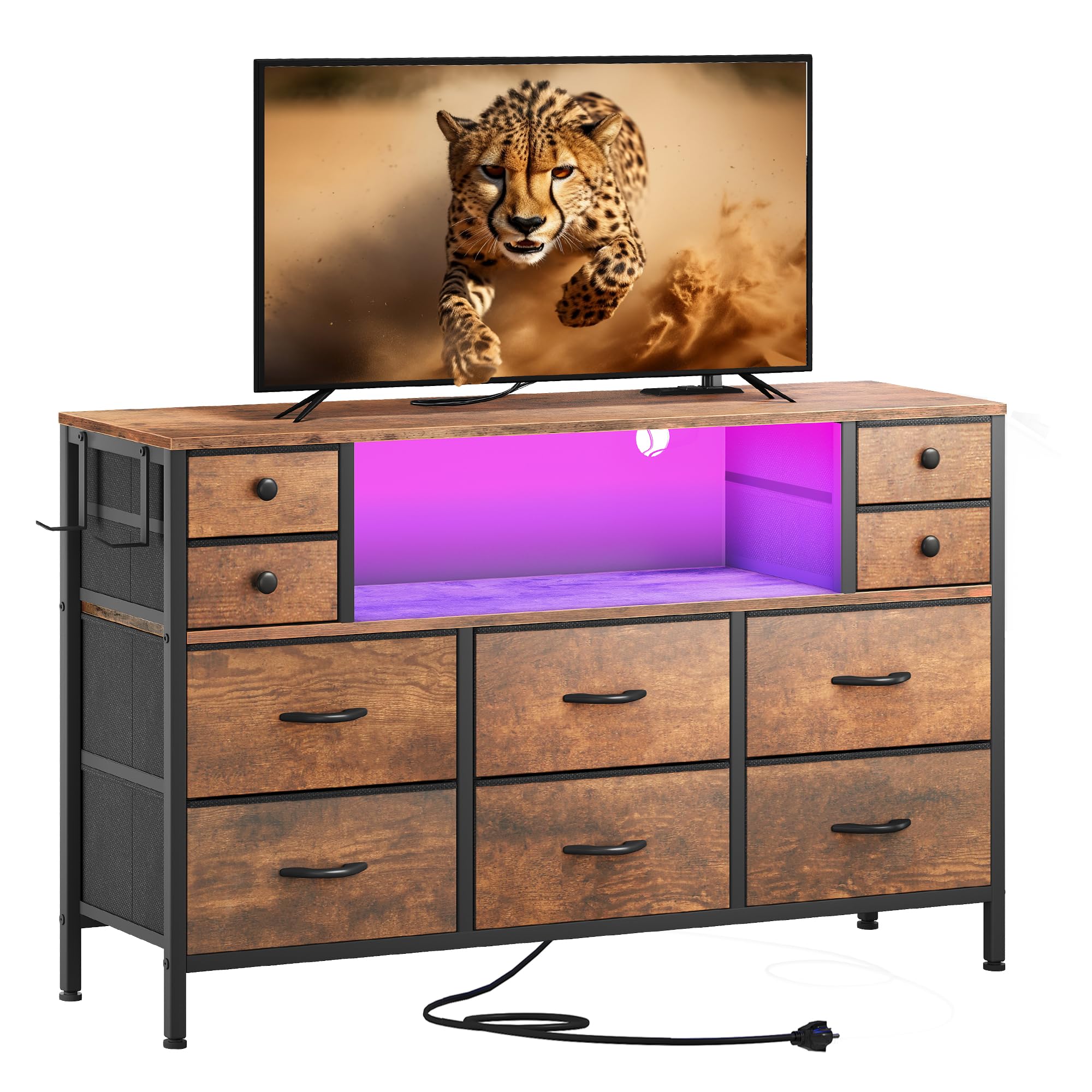 YITAHOME TV Stand with Charging Station, Dresser TV Stand for 55'' TV, 10 Drawer Dresser for Bedroom, Media TV Console Table with Side Pockets & Hooks, Storage Fabric Drawer Unit for Bedroom, Wood