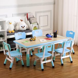 milleloom kids table and chair set, height adjustable toddler arts & crafts table and 6 chair set for ages 2-10,max 300lbs kids activity art table for classroom daycares,home