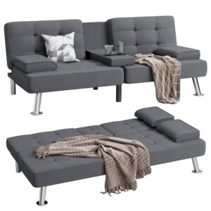 Shahoo Modern Linen Upholstered Convertible Folding Futon Sofa Bed with Removable Armrests, Metal Legs, 2 Cup Holders for Living Room, Dark Grey