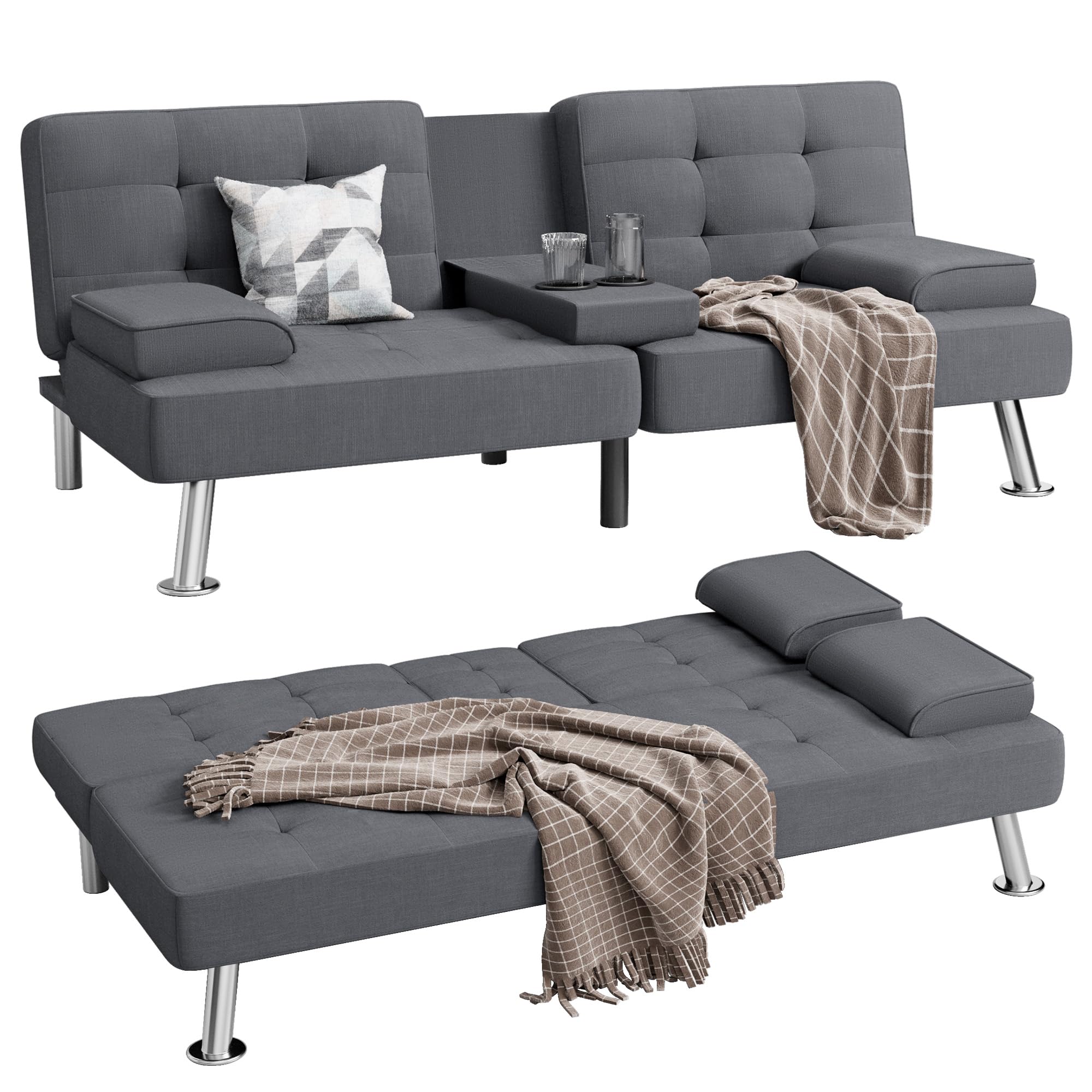 Shahoo Modern Linen Upholstered Convertible Folding Futon Sofa Bed with Removable Armrests, Metal Legs, 2 Cup Holders for Living Room, Dark Grey