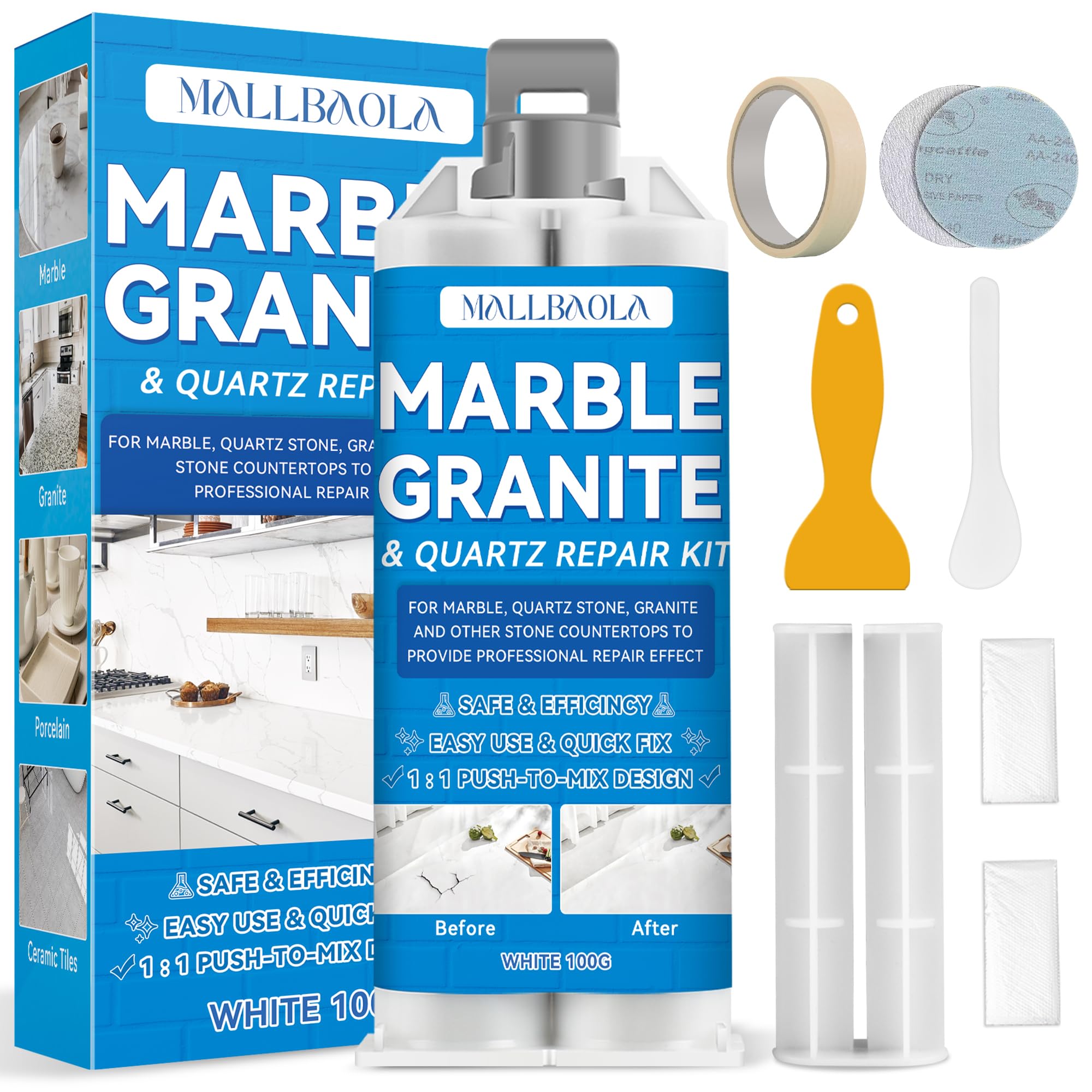 Quartz Countertop Chip Repair Kit, White Granite Repair Kit, Marble Repair Kit, Porcelain Repair Kit for Granite, Marble, Quartz Stone, Porcelain and Other Stone Surface Crack Quartz Chip Repair Kit