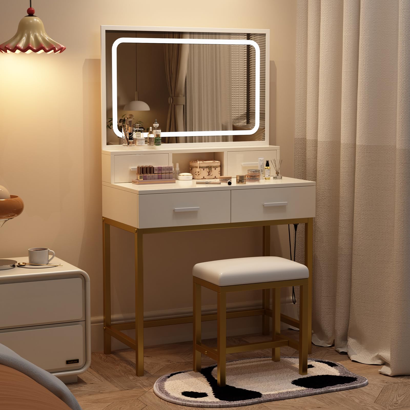 Makeup Vanity with Mirror and Lights, Vanity Desk Table with 2 Drawers, Extra Storage Boxes and Hairdryer Holder, 3 Color Modes Available, Vanity Desk with Chair Set for Bedroom, White