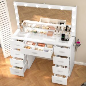 Quimoo Vanity Desk with Large Lighted Mirror and Power Outlet, 46" Makeup Vanity with 9 Drawers and Glass Desktop, Vanity Table with 12 LED Lights, 3 Lighting Color Adjustable (White)