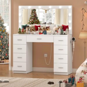 Quimoo Vanity Desk with Large Lighted Mirror and Power Outlet, 46" Makeup Vanity with 9 Drawers and Glass Desktop, Vanity Table with 12 LED Lights, 3 Lighting Color Adjustable (White)