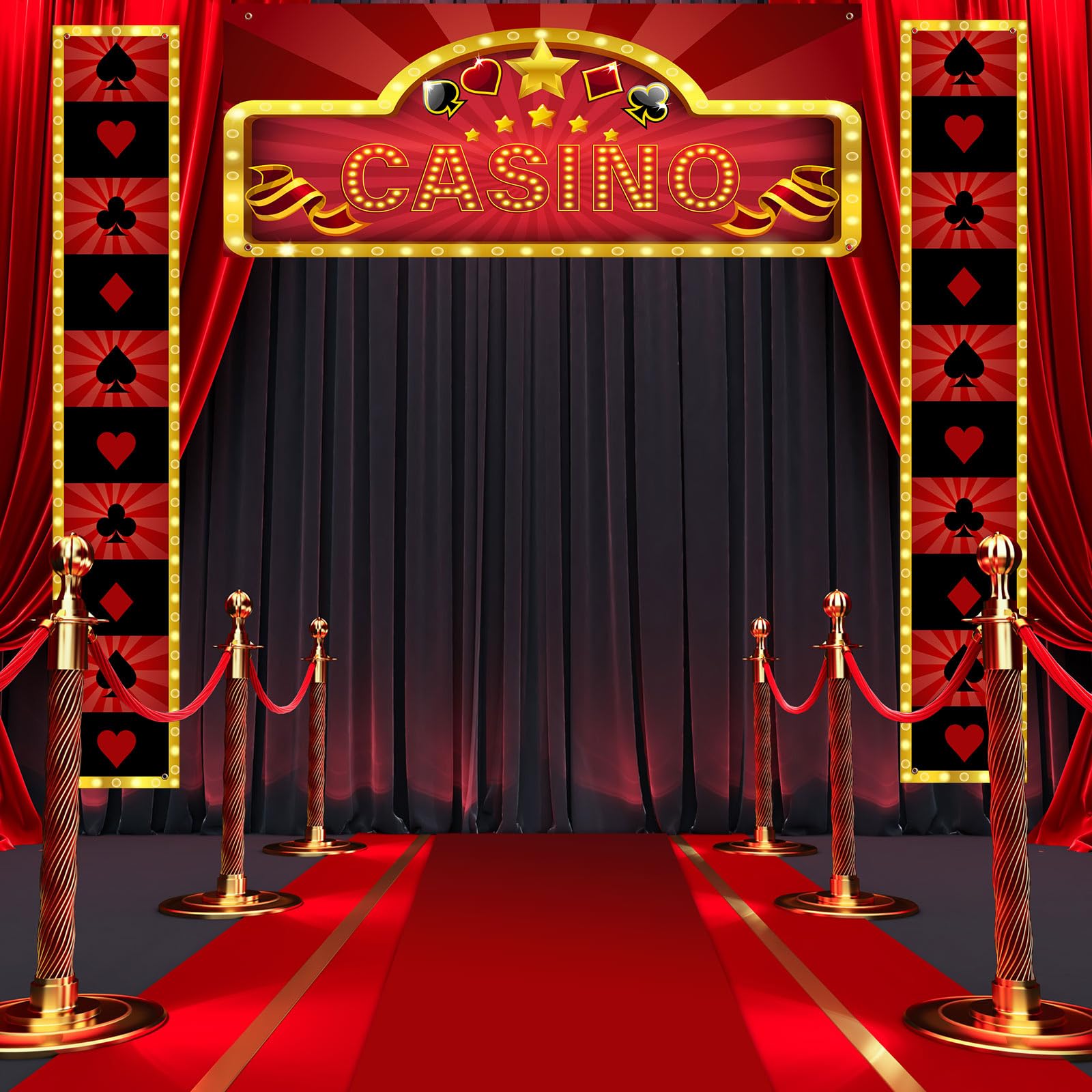 Peryiter 4 Pcs Casino Night Party Entryway Decorations Casino Hanging Banner Poker Welcome Porch Sign Red Carpet for Las Vegas Game Casino Themed Birthday Party Supplies Photo Background