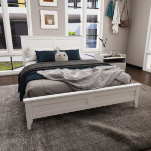 luspaz full size platform bed with simple design headboard and wooden slats, modern design pine wood bed frame, no box spring needed, perfect for apartments, bedrooms, guest rooms, white