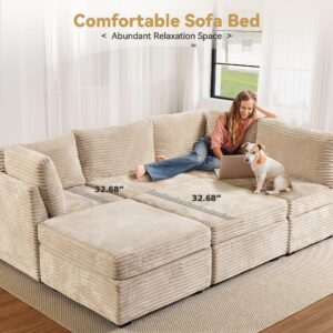 CAODOC Modular Sectional Sofa with Chaise U Shaped Sectional Couch for Living Room, 8-Seater Comfy Cloud Couches with One Movable Ottoman, Plush Corduroy, Beige