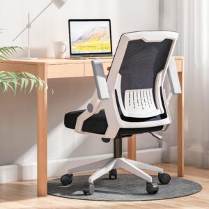 gtpoffice ergonomic office chair, computer desk chair comfy with adjustable lumbar support, mid-back mesh office chair with flip-up armrest, tilt function task chair for home, bedroom, gaming, white