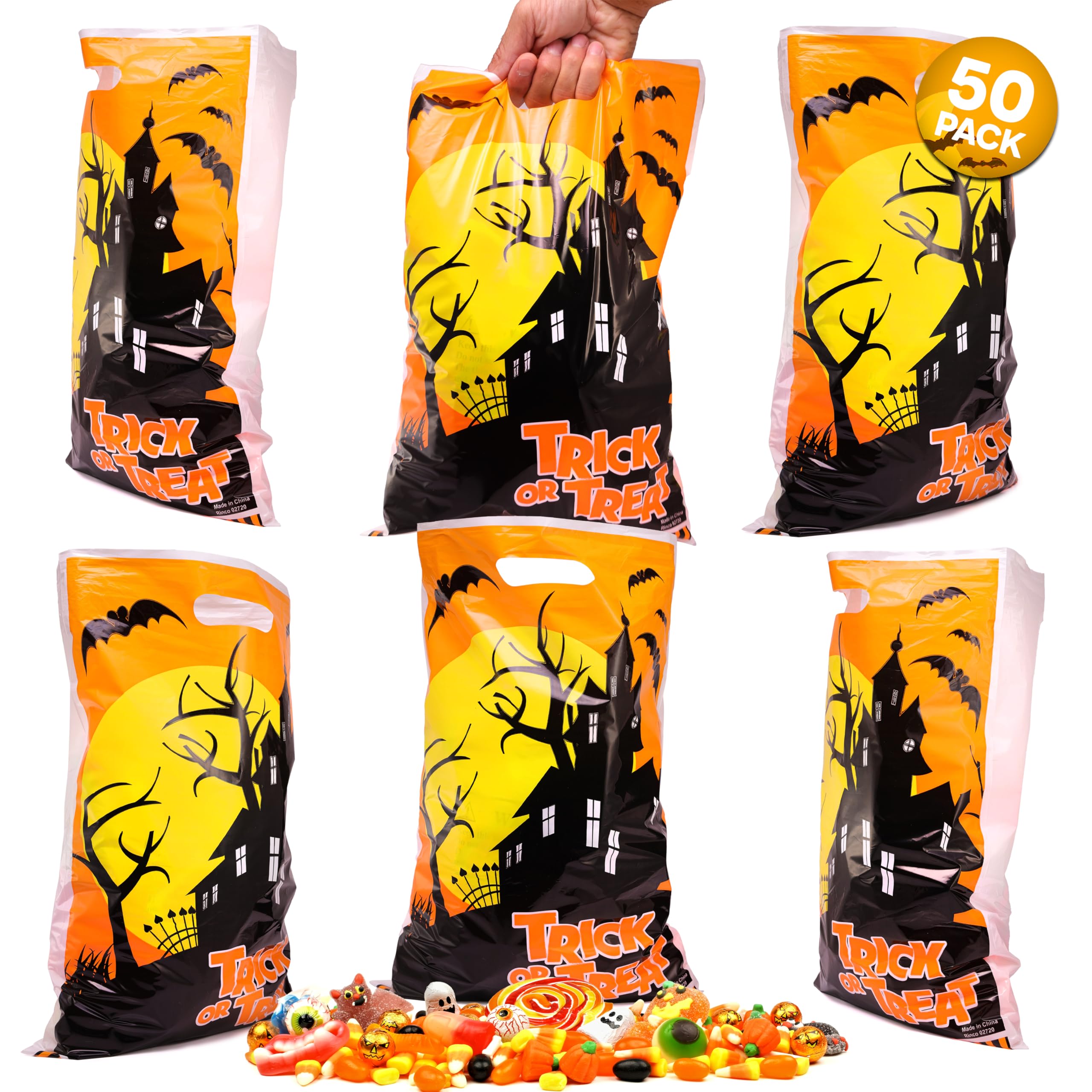 Srenta Halloween Bags for Trick or Treat Bulk, 50 Pieces Halloween Bags Bulk, 11 x 17 Inches Trick or Treat Bags Bulk, Halloween Plastic Bags for Candy, Goody, Gift, Treat Party Favor Supplies