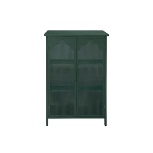 2-door Metal Storage Cabinet, Buffet Cabinet, Display Cabinet with Glass Door, with Magnetic Arched Corrugated Glass Door, Adjustable Feet, Suitable for Dining Room, Living Room, Bedroom, Dark Green