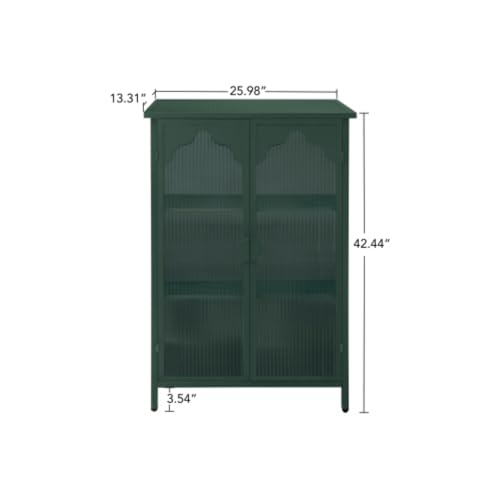 2-door Metal Storage Cabinet, Buffet Cabinet, Display Cabinet with Glass Door, with Magnetic Arched Corrugated Glass Door, Adjustable Feet, Suitable for Dining Room, Living Room, Bedroom, Dark Green