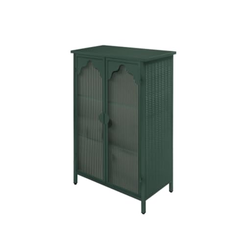 2-door Metal Storage Cabinet, Buffet Cabinet, Display Cabinet with Glass Door, with Magnetic Arched Corrugated Glass Door, Adjustable Feet, Suitable for Dining Room, Living Room, Bedroom, Dark Green