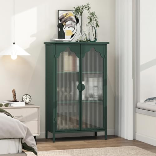 2-door Metal Storage Cabinet, Buffet Cabinet, Display Cabinet with Glass Door, with Magnetic Arched Corrugated Glass Door, Adjustable Feet, Suitable for Dining Room, Living Room, Bedroom, Dark Green