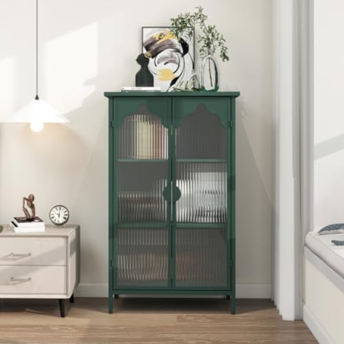 2-door Metal Storage Cabinet, Buffet Cabinet, Display Cabinet with Glass Door, with Magnetic Arched Corrugated Glass Door, Adjustable Feet, Suitable for Dining Room, Living Room, Bedroom, Dark Green