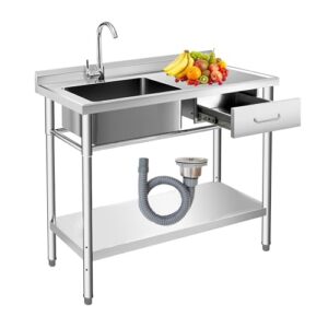 sdnenest stainless steel kitchen single bowl utility sink with hot & cold water faucet - left slot stainless steel outdoor laundry sink with drawer.120x50x80cm