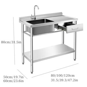 sdneNest Stainless Steel Kitchen Single Bowl Utility Sink with Hot & Cold Water Faucet - Left Slot Stainless Steel Outdoor Laundry Sink with Drawer.120x50x80cm