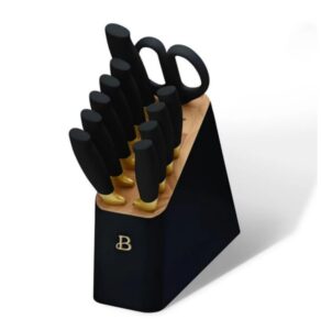 12-piece stainless steel knife set with block and soft grip handles – black sesame by drew barrymore