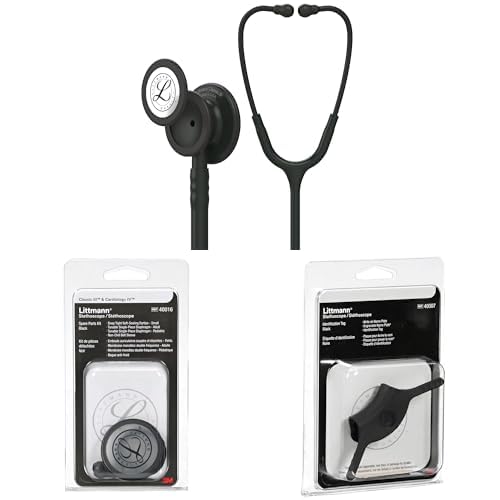 3M Littmann Classic III Monitoring Stethoscope Kit with Spare Parts and ID Tag. 5803, Black Tube, Stem and Headset, Stainless Steel Black-Finish Chestpiece