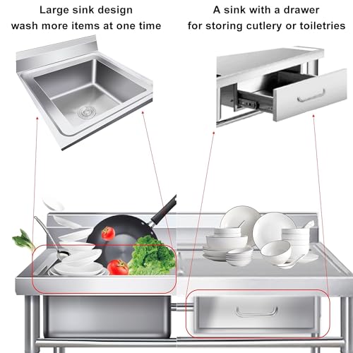 sdneNest Stainless Steel Kitchen Single Bowl Utility Sink with Hot & Cold Water Faucet - Left Slot Stainless Steel Outdoor Laundry Sink with Drawer.120x50x80cm