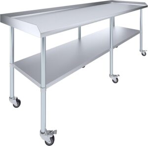 express kitchquip commercial work table with backsplash and sidesplashes with casters | nsf (stainless steel table with sideguards + casters) (96" long x 30" deep)