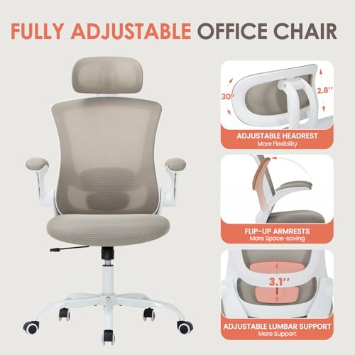 Ergonomic Mesh Office Chair, High Back Executive Desk Chair with Adjustable Headrest and Lumbar Support, Flip-Up Arms, Rocking, Swivel Rolling Computer Mesh Chair for Home Office-Khaki