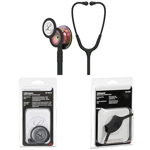 3M Littmann Classic III Monitoring Stethoscope Kit with Spare Parts and ID Tag. 5870, Black Tube, Stem and Headset, Stainless Steel Rainbow-Finish Chestpiece