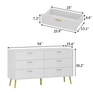 TAMUNE 54” 6 Drawer Dresser, Modern 6-Drawer Chest with Gold Metal Handles, Bedroom Dresser with Gold Metal Legs, for Living Room Entryway White (54”W x 15.7”D x 30.1”H)