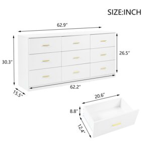 Angel Sar 9 Drawer Dresser for Bedroom, Modern White Dresser, Long Chest of Drawers with Golden Handles, Leg Free Design & Smooth Slides, Double Drawer Dresser for Closet, Sturdy Wooden Dresser