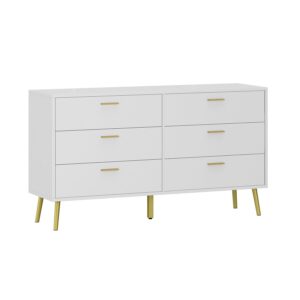 TAMUNE 54” 6 Drawer Dresser, Modern 6-Drawer Chest with Gold Metal Handles, Bedroom Dresser with Gold Metal Legs, for Living Room Entryway White (54”W x 15.7”D x 30.1”H)