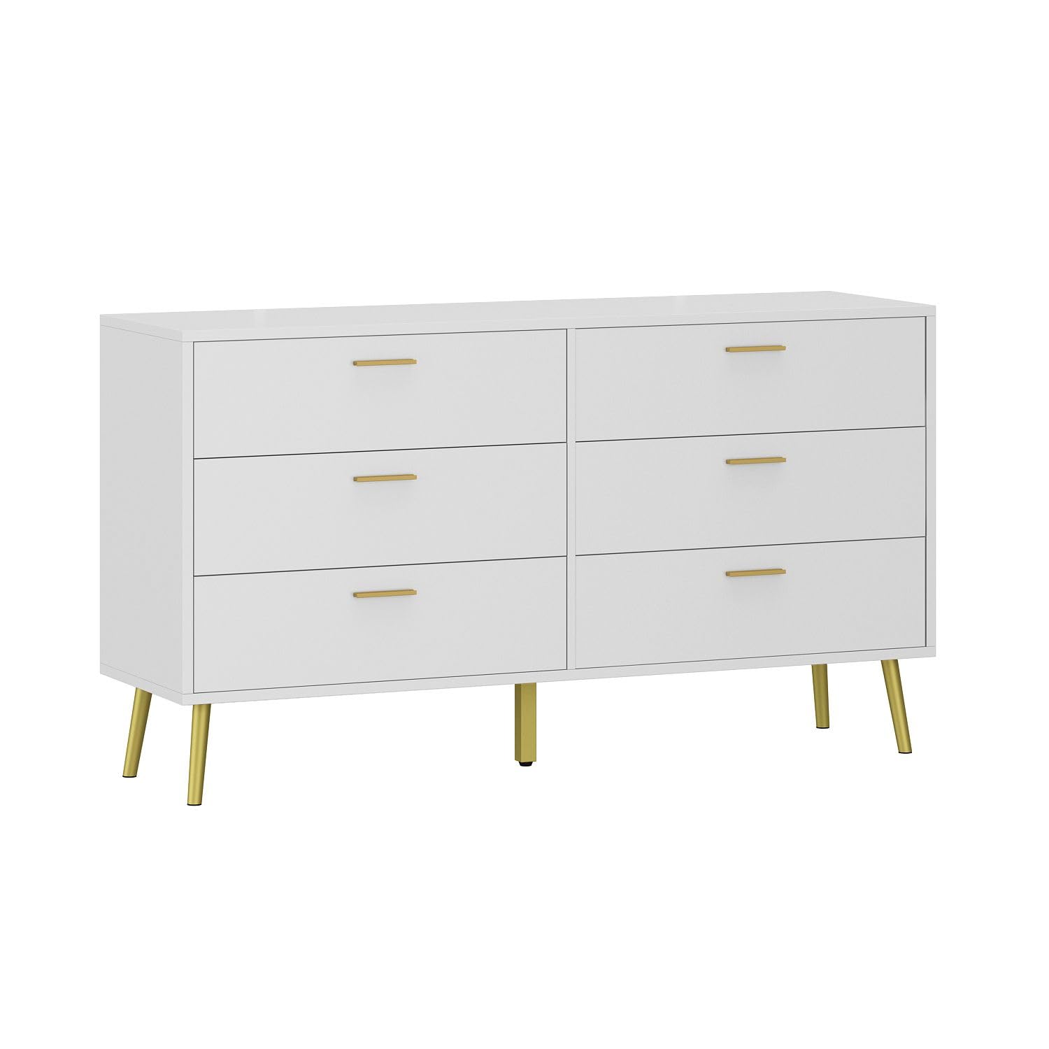 TAMUNE 54” 6 Drawer Dresser, Modern 6-Drawer Chest with Gold Metal Handles, Bedroom Dresser with Gold Metal Legs, for Living Room Entryway White (54”W x 15.7”D x 30.1”H)