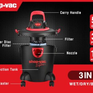 Shop-Vac 2035089 5 Gallon Wet/Dry Vacuum, 2.5 Peak HP, 1.25 Inch Diameter x 7 Foot Hose, 7 Ft Cord Length, Includes Extension Wands and Nozzle