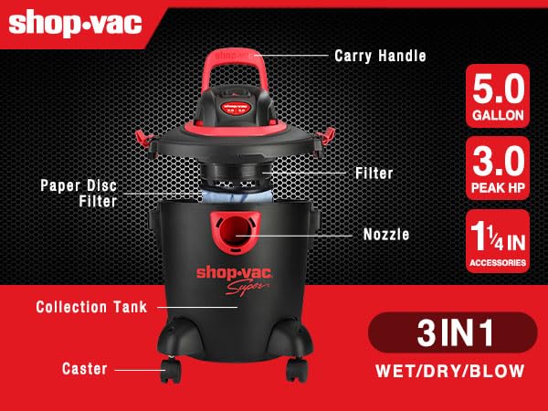 Shop-Vac 2035089 5 Gallon Wet/Dry Vacuum, 2.5 Peak HP, 1.25 Inch Diameter x 7 Foot Hose, 7 Ft Cord Length, Includes Extension Wands and Nozzle