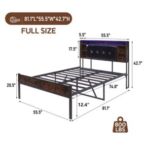 Full Size Bed Frames with Charging Station&LED Lights, Modern Metal Bed Frames with Upholstered Hidden Storage Headboard, Storage Space Under Bed, No Box Spring, Easy Assembly