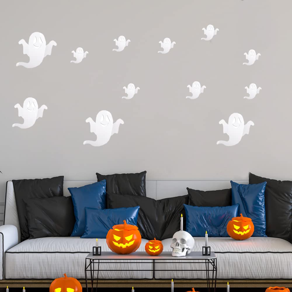 24 Pcs Halloween Ghost Wall Decor Ghost Stickers 3D Ghost Stickers Wall Stickers Decoration Halloween Cute Design Wall Decals Reusable PVC Wall Sticker for Home Halloween Party Supplies